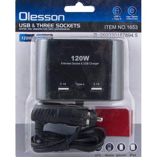 разветв прикур Olesson 1653 120W с проводом (3 вых.+2USB+1Type-C)