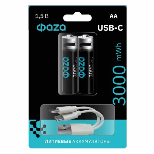 Аккумулятор HR6(AA) ФАZA 3000мА+type-C (блистер 2шт)