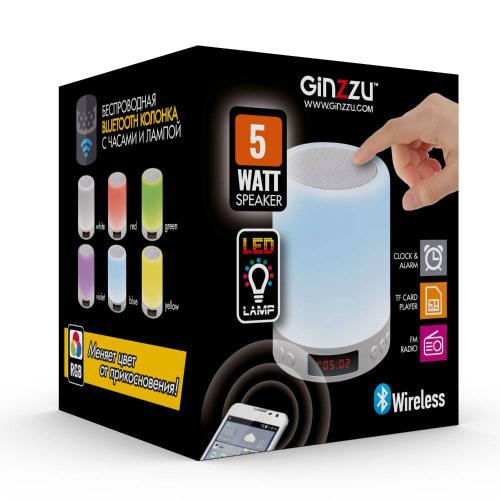 Колонка GINZZU GM-893W Bluetooth 5W/USB/TFcard/AUX/FM,сенсорная LED лампа,часы