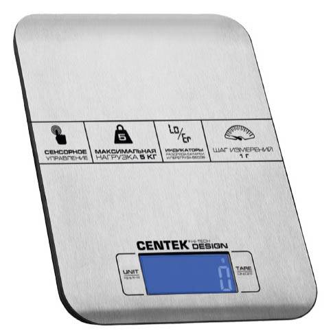 Весы кухонные CENTEK CT-2464 до 5кг/1г сталь, электр,сенсор,LCD,t в комнате