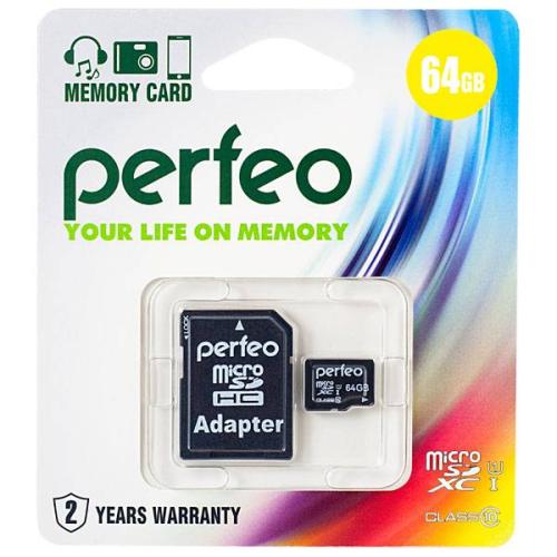Память SD Micro 64Gb PERFEO+adapter класс 10